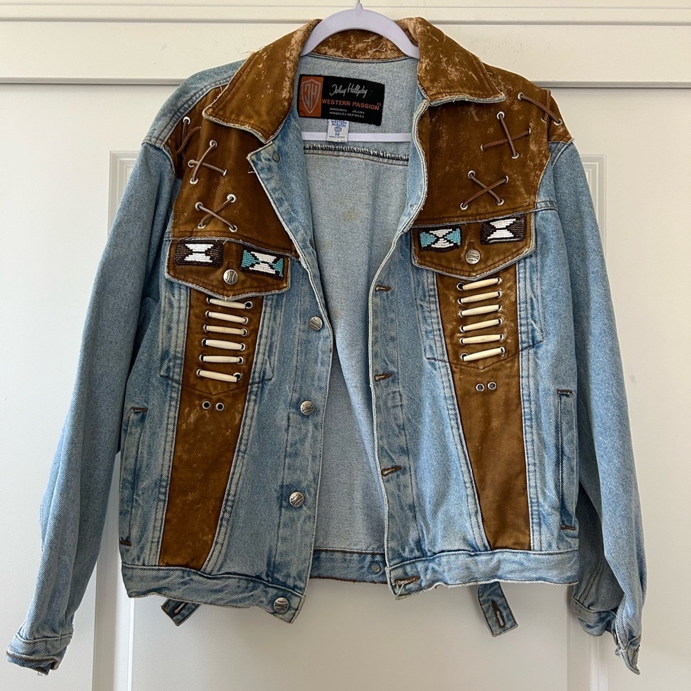 Vintage Authentic Johnny Hallyday Western Passion Denim and Suede Jacket Size M - Picture 1 of 13